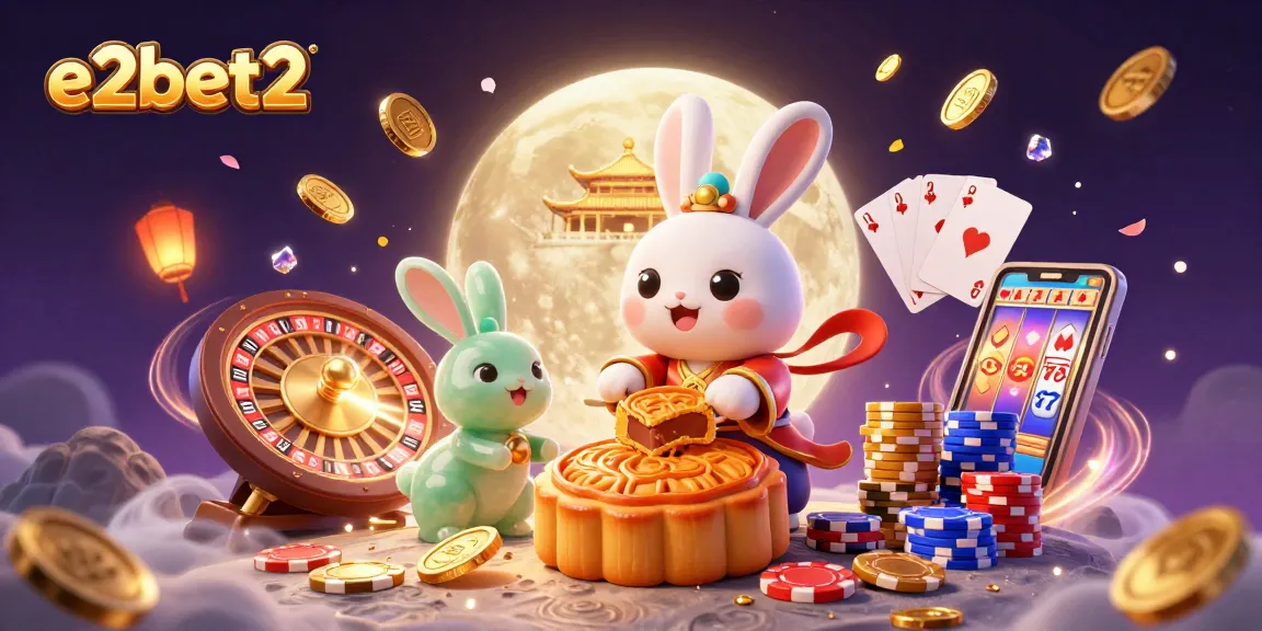Discover winning strategies at e2bet2 with a vibrant moonlit casino scene, featuring festive symbols and characters.