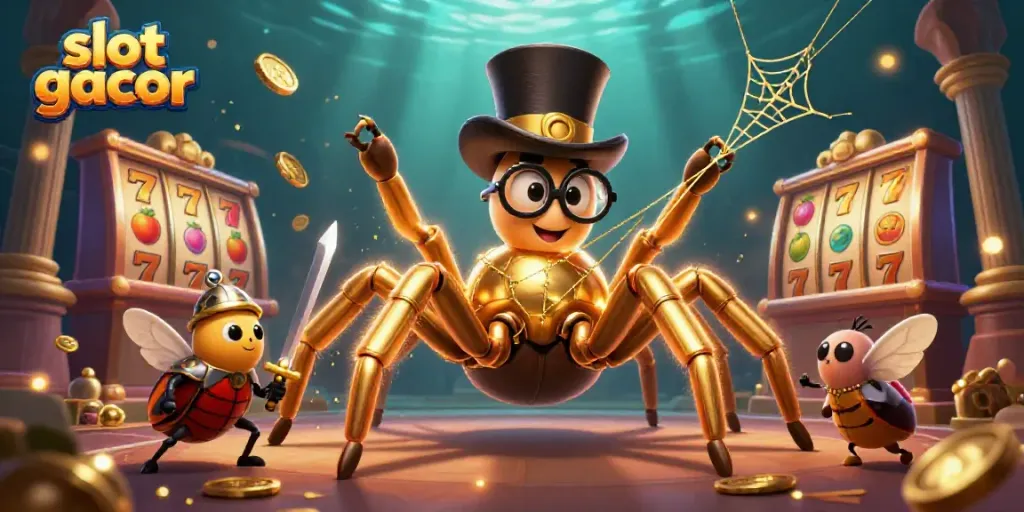 Memenangkan jackpot slot gacor dengan tarantula emas dan ksatria kanan dalam suasana kasino yang cerah.