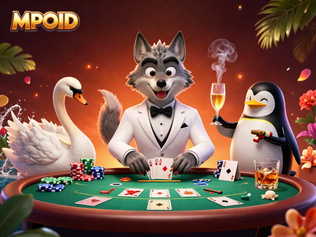 MPOID promotes online gaming with an elegant wolf, swan, and penguin in a bustling casino scene.