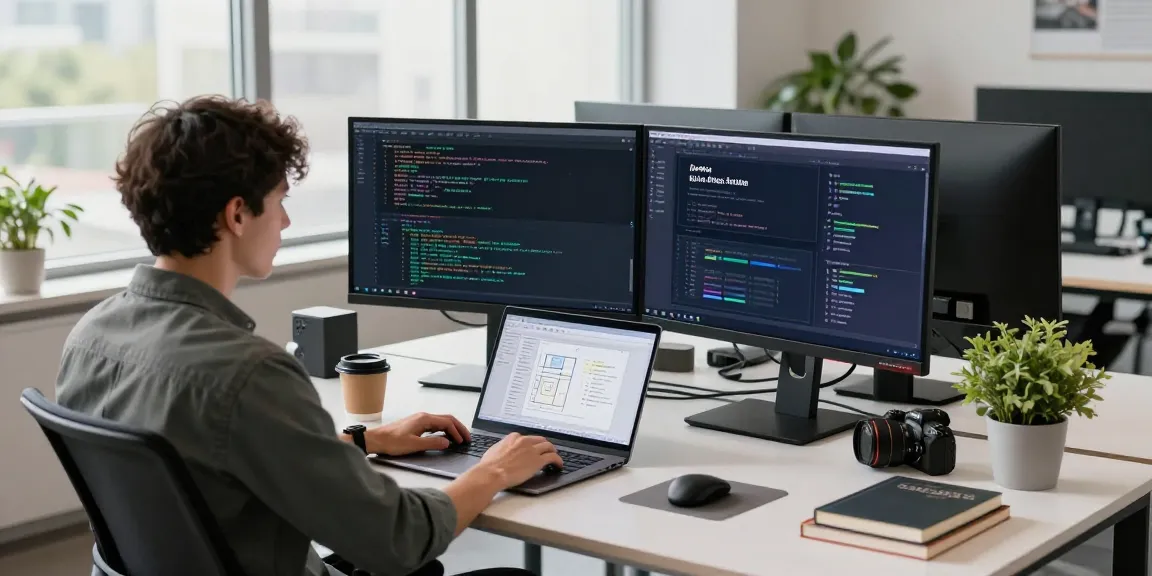 Build internal tools with AI in a modern office workspace featuring a developer coding and interacting with AI tools.