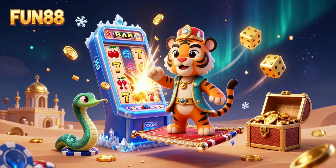 Experience the fun and excitement at FUN88 through vibrant 3D casino illustrations showcasing immersive gameplay elements.
