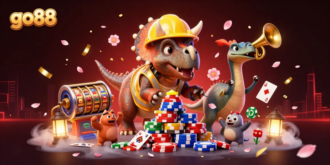 go88 experience a vibrant scene with a triceratops building poker chips under warm lanterns