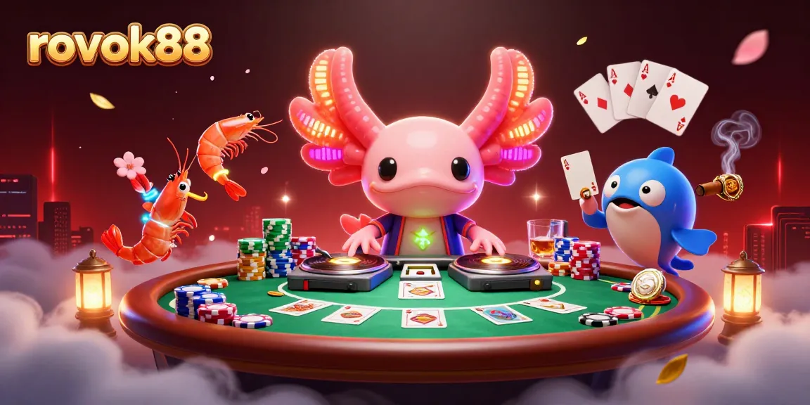 Experience the thrill of rokok88 with vibrant gaming characters and poker elements in a dynamic scene.