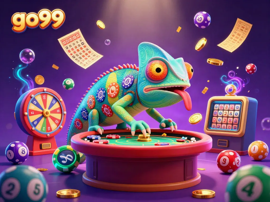 Engage with the vibrant gaming scene presented by go99, featuring a chameleon casino owner and dynamic gaming elements.
