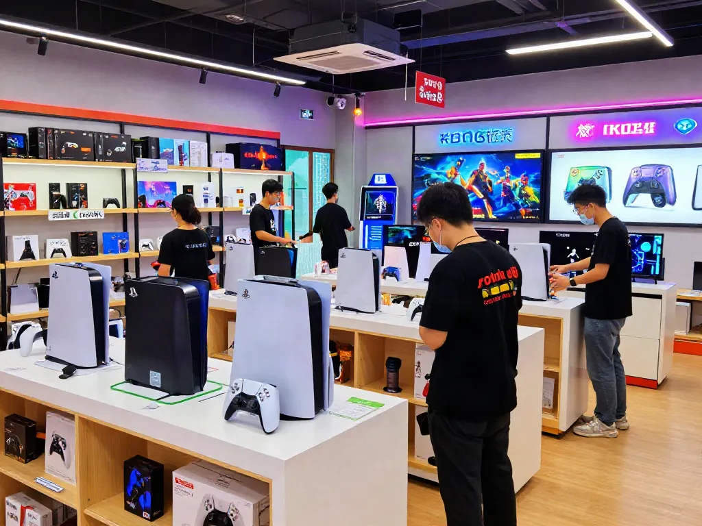 Exciting shopping atmosphere at rokok88 link gaming store featuring consoles and accessories.