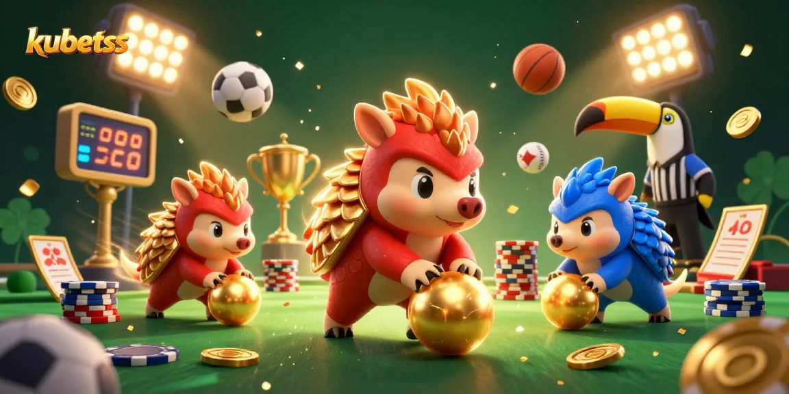 Betting excitement at kubetss with animated pangolins, sports elements, and vibrant casino atmosphere.