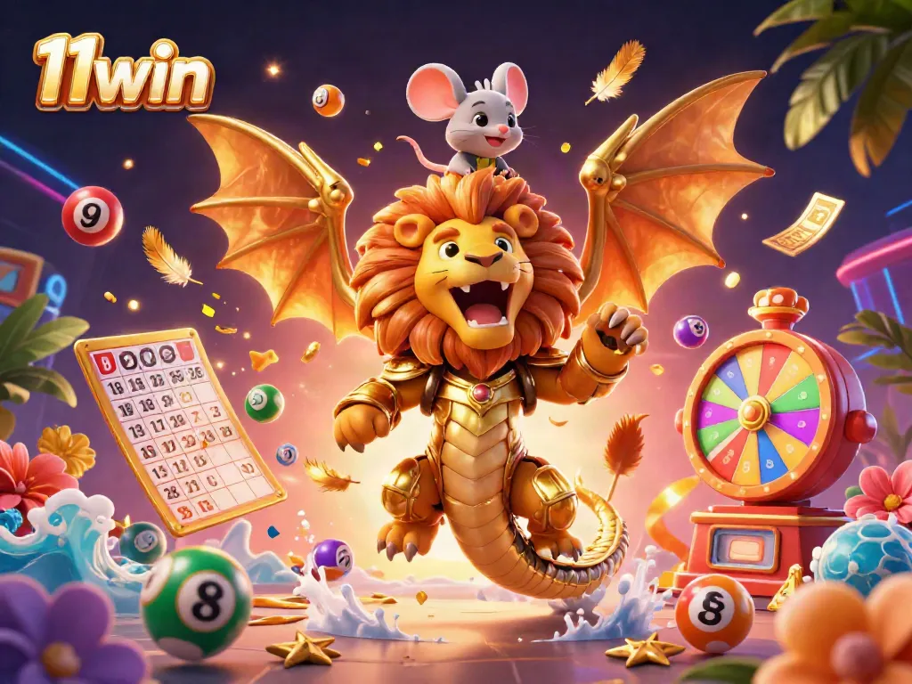 Engage in thrilling gameplay with 11win’s dynamic casino scene featuring a roaring chimera, colorful lottery balls, and vibrant gaming elements.