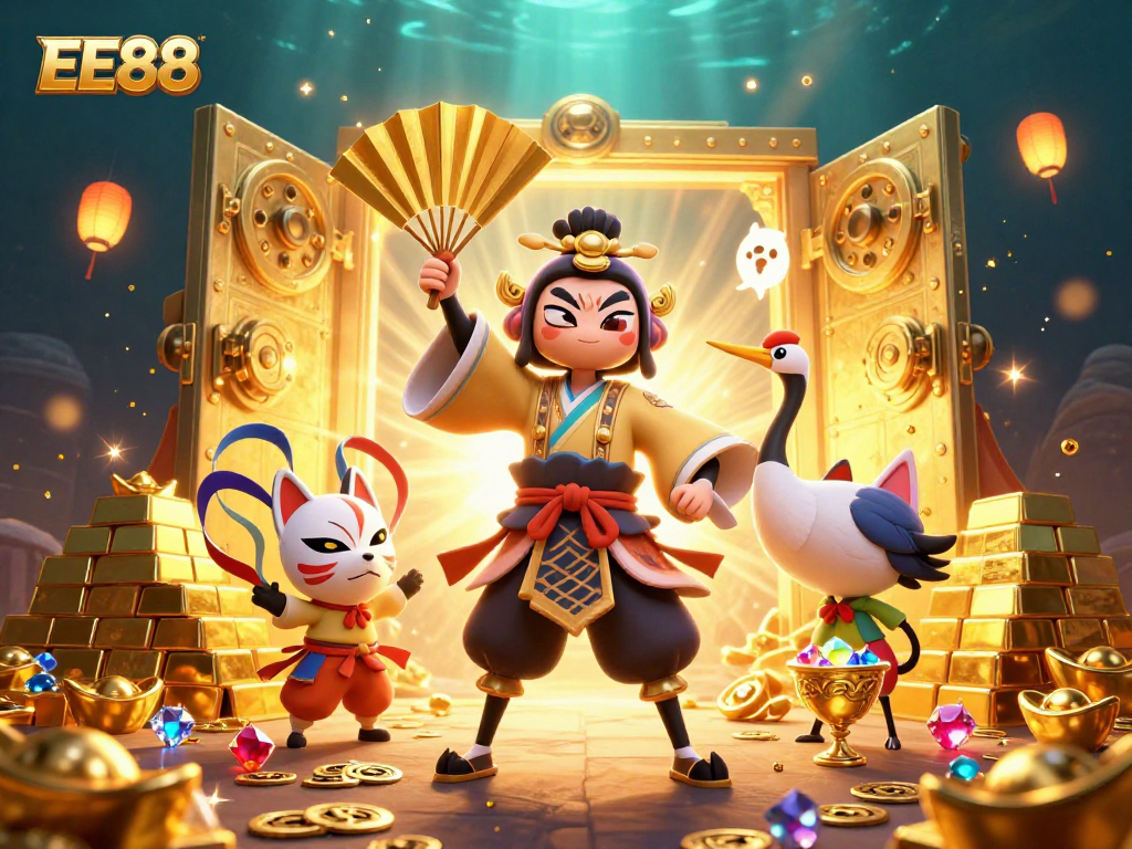 Engage with EE88, where a kabuki warrior and kitsune mask come alive amidst treasures in a vibrant casino scene.