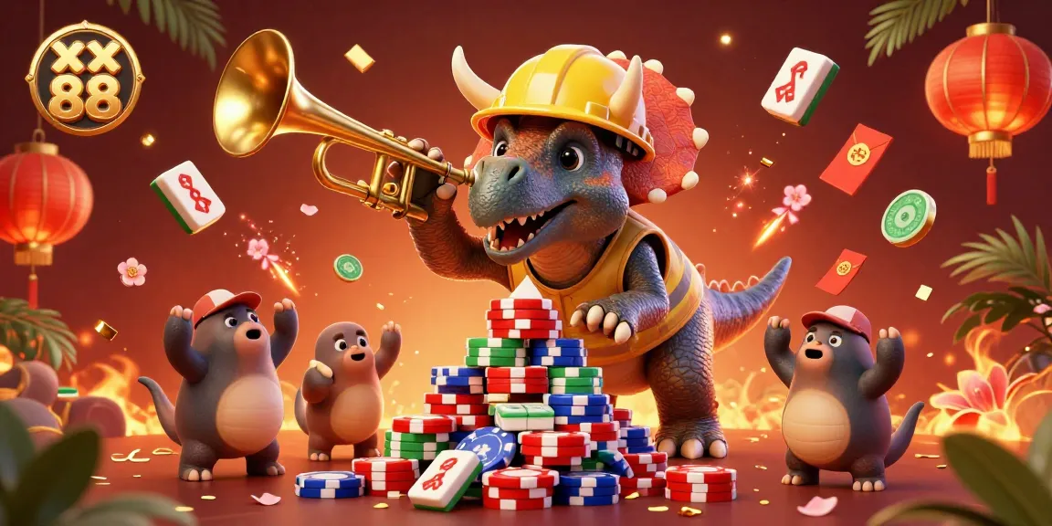Celebrate low-stakes poker fun with xx 88 as cartoon dinosaurs build poker chips and cheer in a lively casino scene, rich with exciting elements.