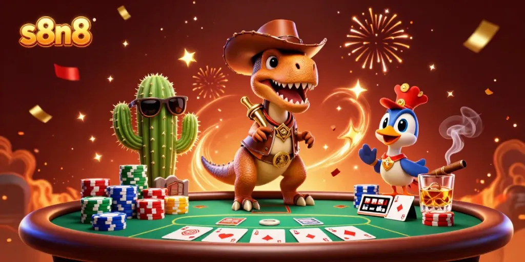 Engage in thrilling poker games at s8n8 with a vibrant cartoon scene featuring T-Rex cowboy and poker elements.