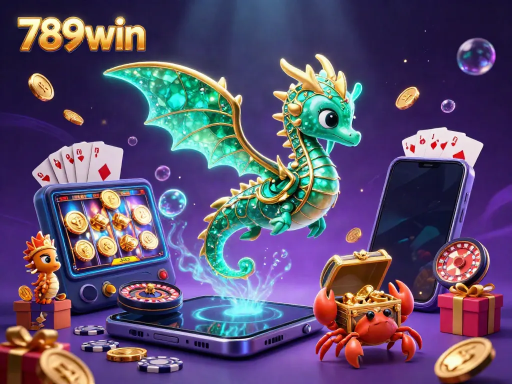 Experience the colorful world of 789win with a vibrant scene of a sea dragon and casino elements.