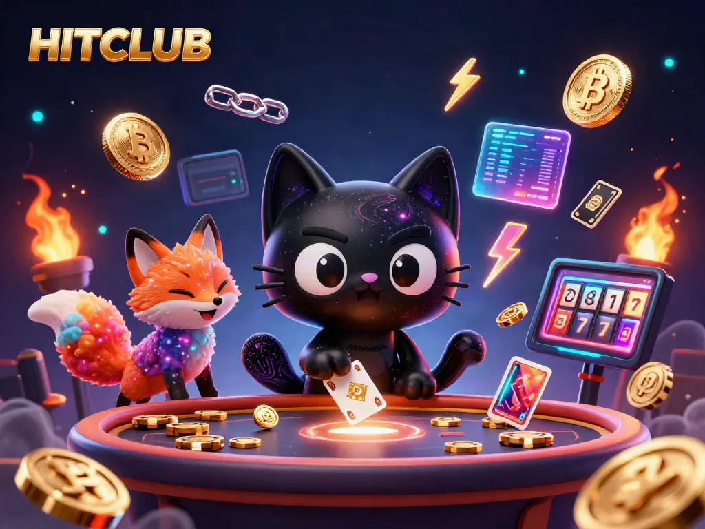 Experience the thrill of HITCLUB with a captivating cosmic casino scene featuring vibrant characters and gaming elements.