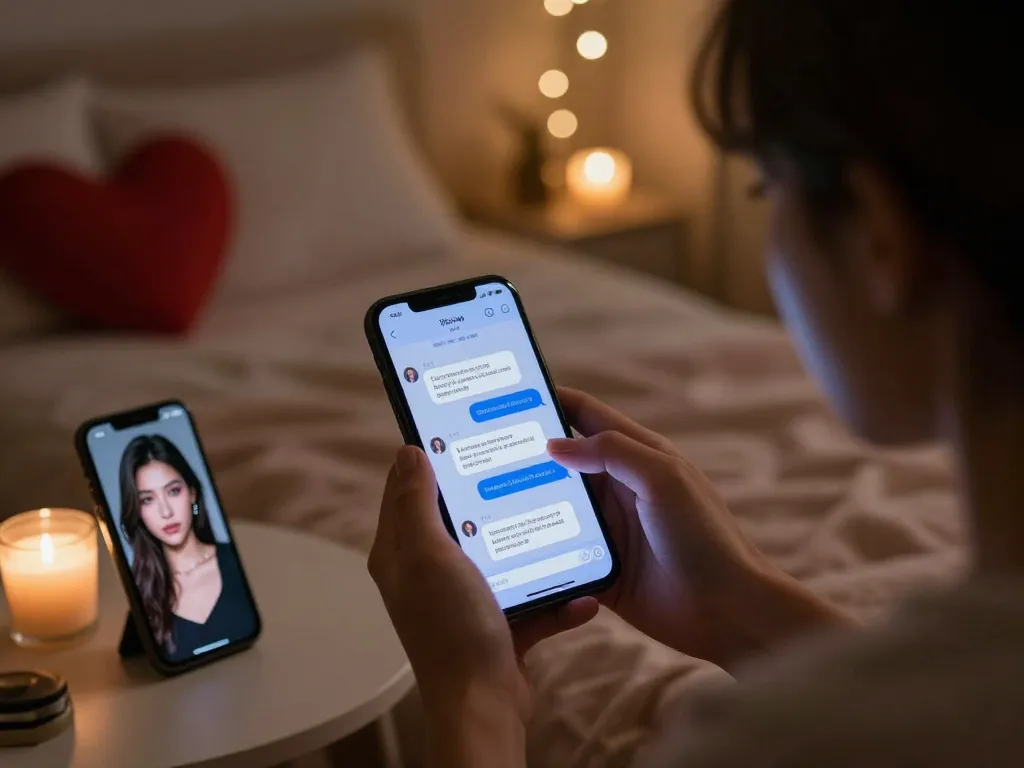 Engaging ai porn chat scene with a virtual companion on a smartphone in a cozy bedroom setting.