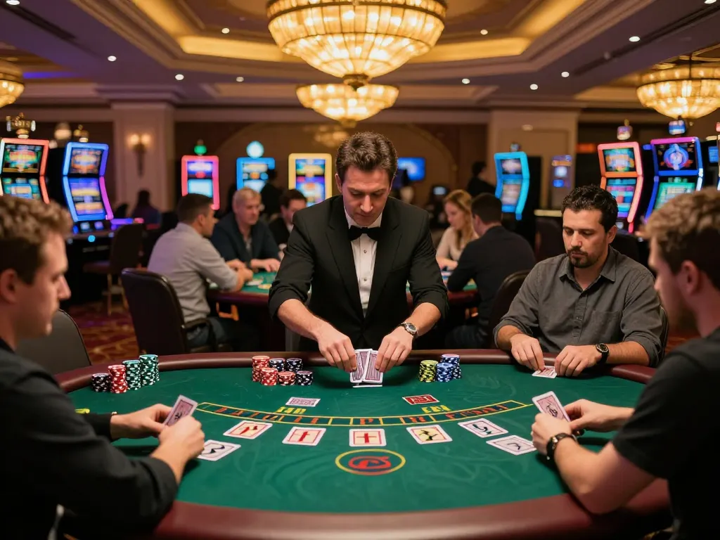 A player enjoying blackjack at a vibrant casino, showcasing nhacaiuytinn excitement in gambling.