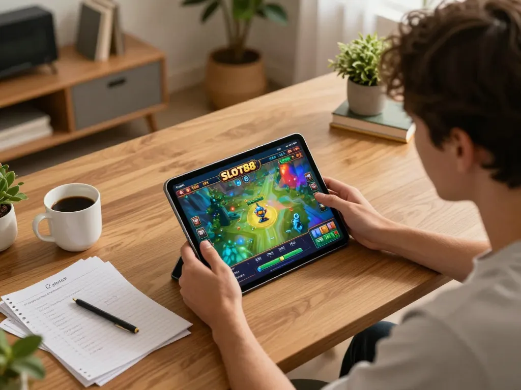 SLOT88 online gaming session showing engaging interface and strategy notes in cozy home setting