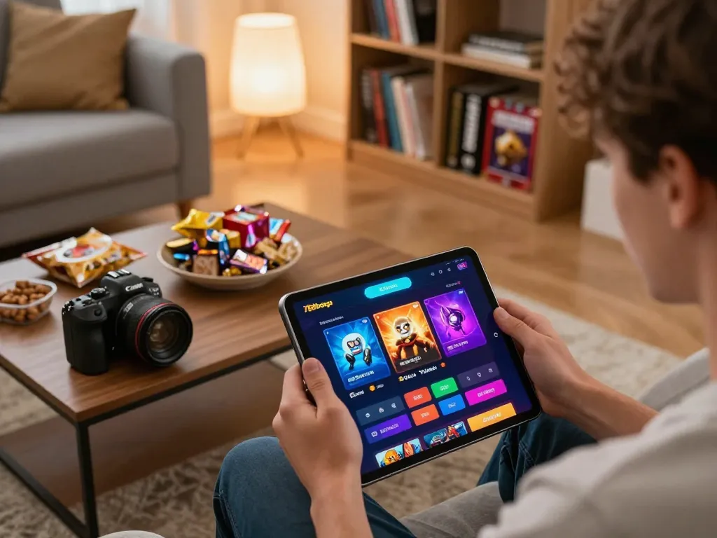 Player enjoying a gaming session on 789betgo, highlighting a colorful online casino interface in a cozy home setting.