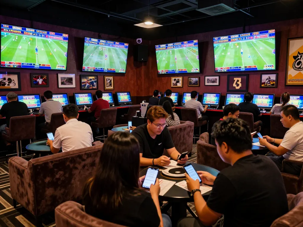 Engaged bettors strategizing live sports bets at keonhacaii88’s premium lounge