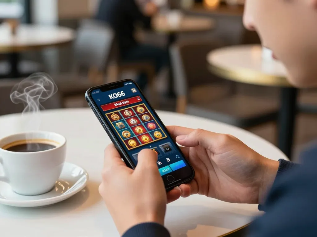 Người chơi tận hưởng ứng dụng casino di động KO66, tham gia vào các trò chơi slot thú vị tại bàn cà phê.