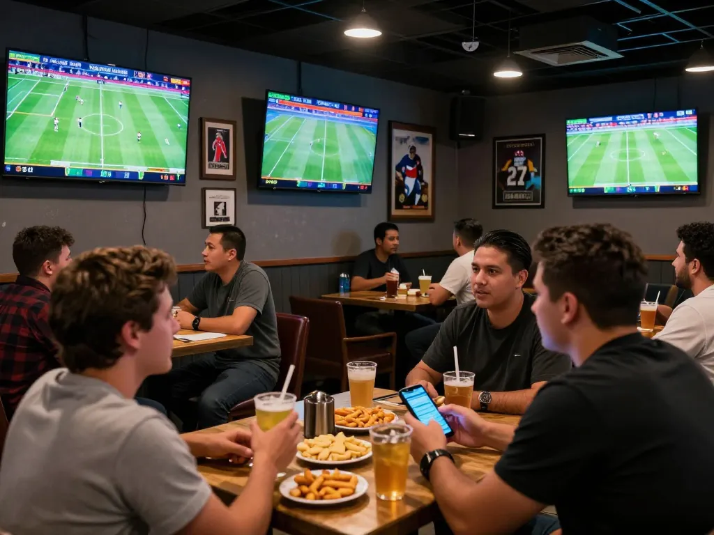 Excited patrons engage in sports betting using nhandinhkeonhacai app while watching live games