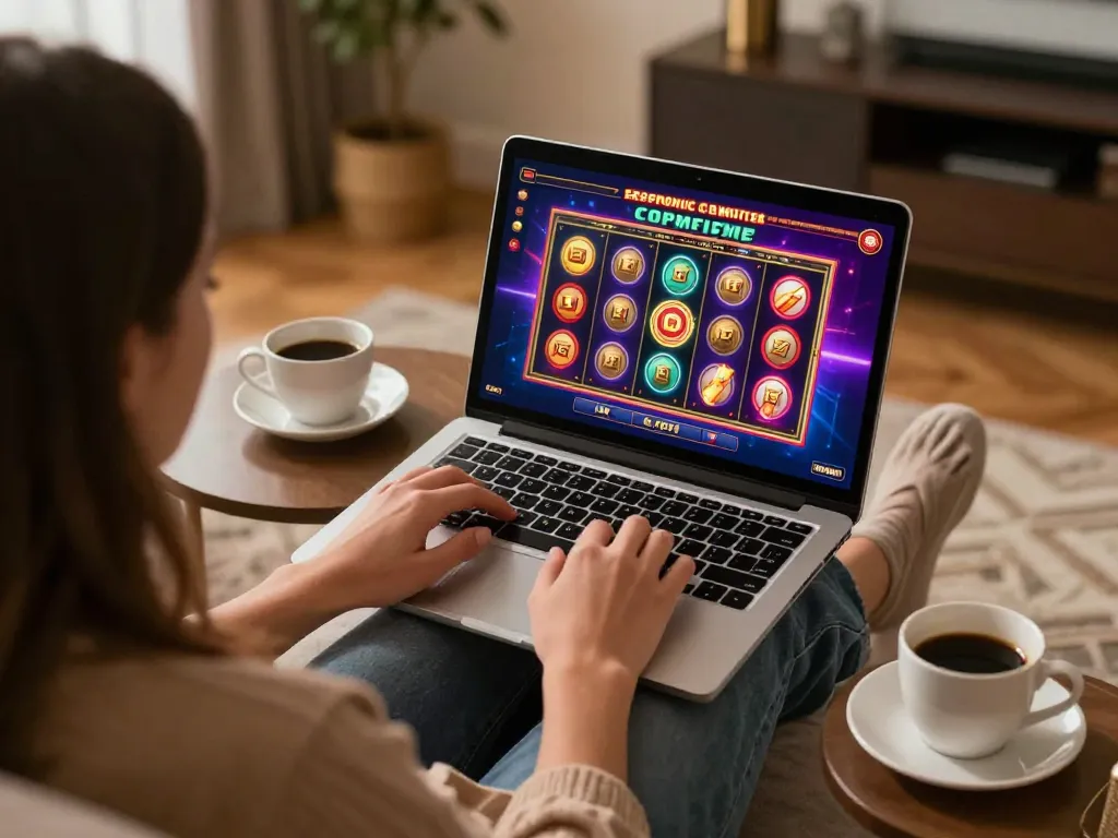 Enjoying a game of slots on GG88 with a laptop and warm ambiance in a cozy setting