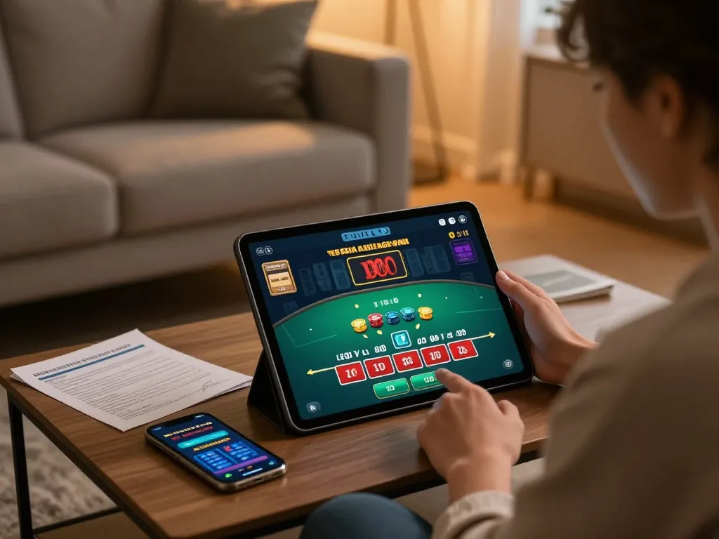 Engaging with the best online casinos in Canada through a tablet at home while practicing betting strategies.