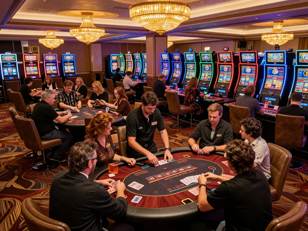 Players enjoying poker and slots at O8 casino venue, showcasing vibrant atmosphere and thrilling gaming.