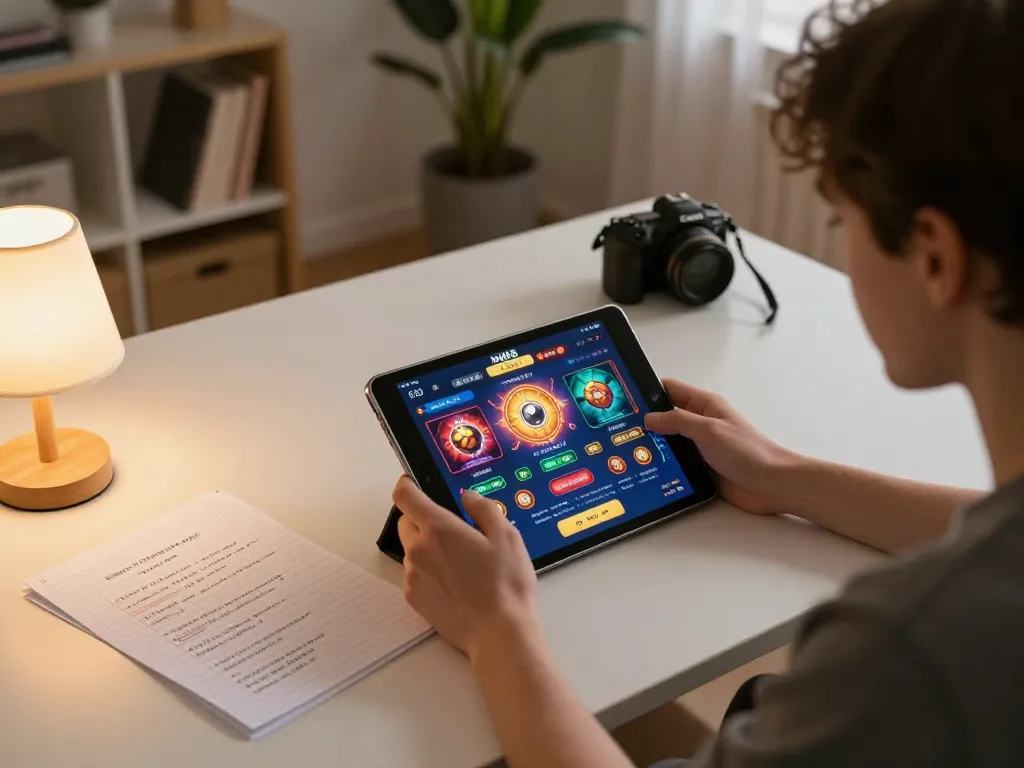 Player engaging with MM88 casino app on tablet, showcasing strategic betting notes in a cozy home environment