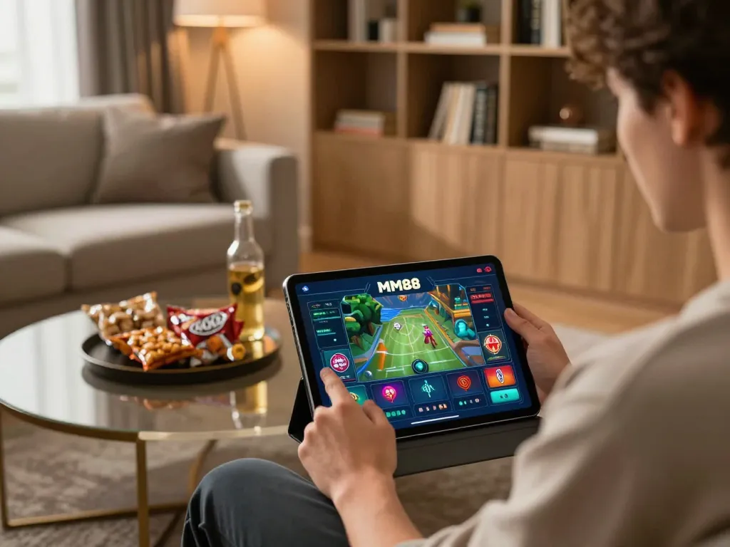 MM88 gamer engaging with a tablet app in a cozy living room for responsible gaming.