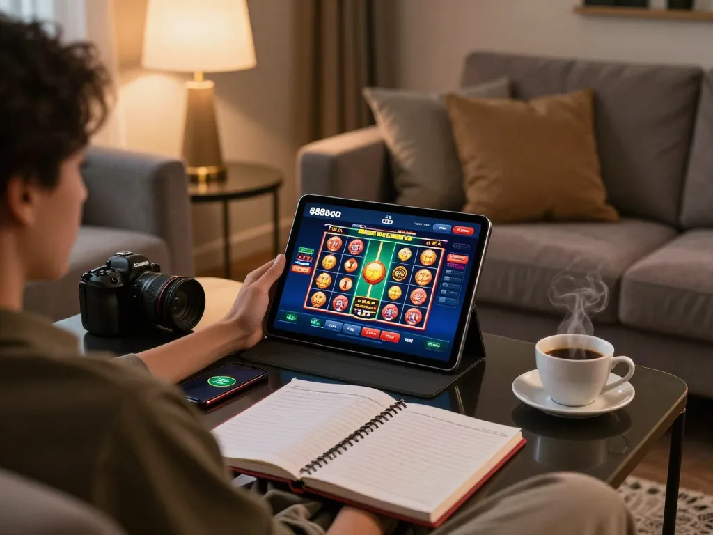 Engaging in thrilling online gaming with the 888bgo app on a cozy tablet setup.