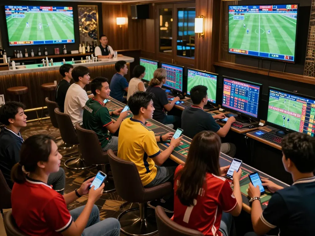 Excited sports fans placing bets and watching games at tylekeonhacai88 lounge, vibrant atmosphere