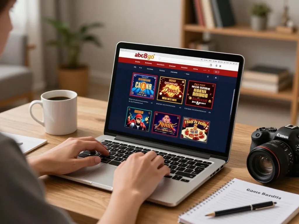 Player engaging in online casino gaming on abc8go with laptop interface and strategy notes for responsible gambling.