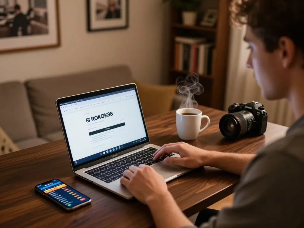 Using the ROKOK88 link login on a laptop for online slots, showcasing an inviting gaming setup