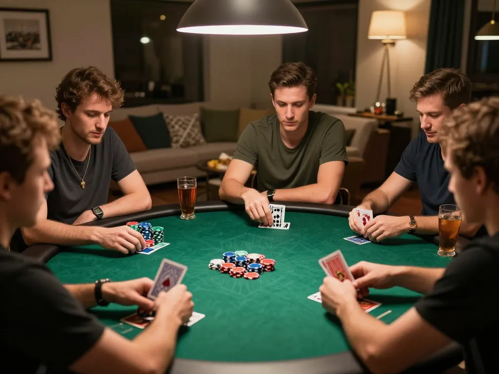 Gamebaidoithuong8 players strategizing in a friendly home poker game.