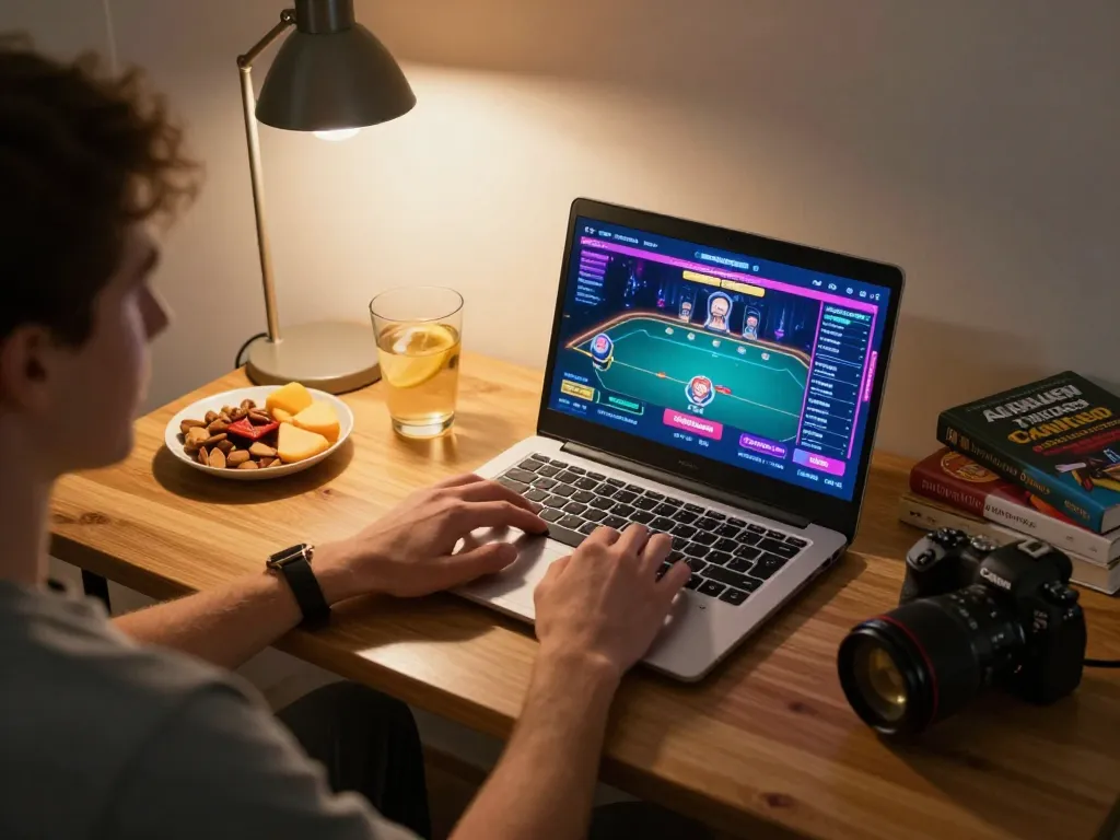 Person engaging with online poker on f168 platform, strategic gameplay at home