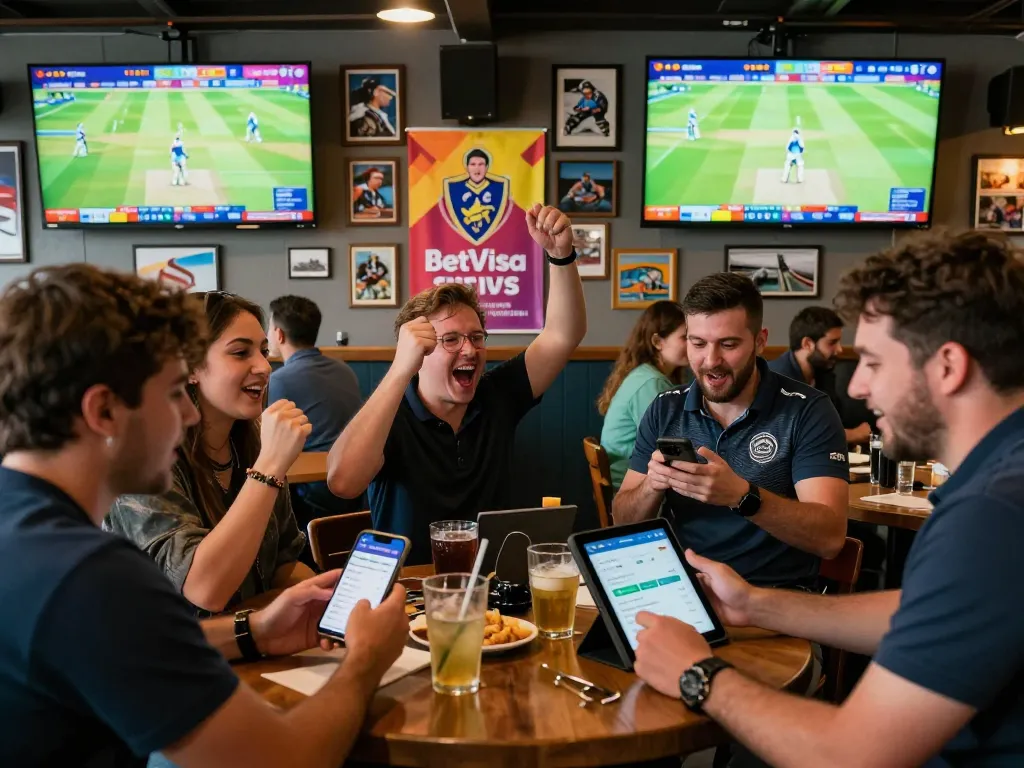 Cheering friends engaged in BetVisa cricket betting at a lively sports bar.