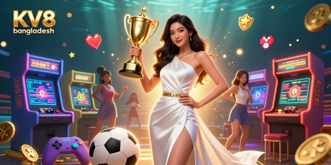 Win at KV8 bangladesh as a champion holds a trophy among vibrant gaming elements.