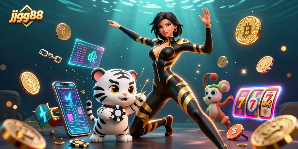 Engage in exciting gameplay with jjgg88 in this vibrant 3D casino scene featuring a black and gold catsuit woman and tiger.