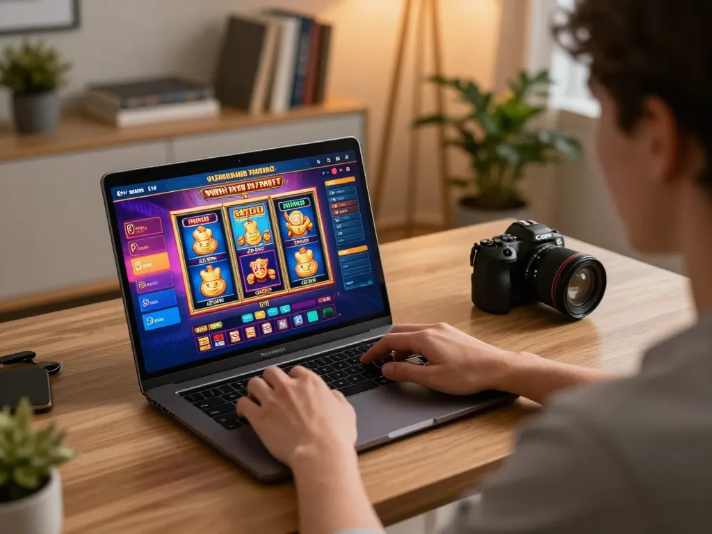 Player engaged in online slots at home showcasing hidobasketgoztepe excitement and colorful graphics
