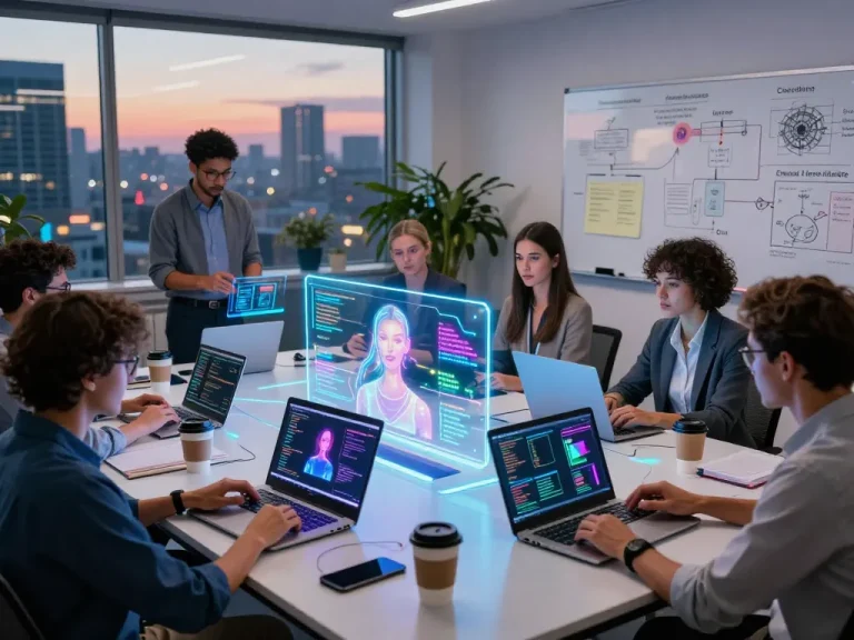 Innovative AI sex workspace with researchers collaborating and holographic displays showcasing advanced technology.