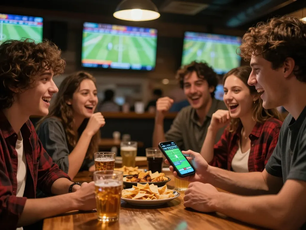 Engaged friends placing a bet on their smartphones while watching football with link sbobet app, showcasing sports betting excitement.