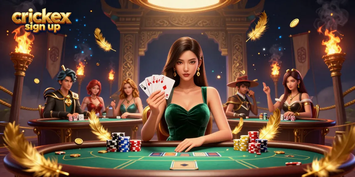 Engage in cricket betting with Crickex sign up at a dynamic poker table surrounded by golden tokens and vibrant energy.