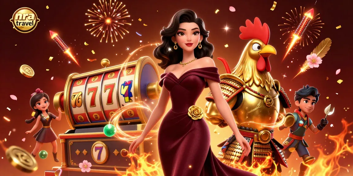 Feel the excitement of gambling with nra travel's dynamic casino scene featuring elegant characters and slot machines.