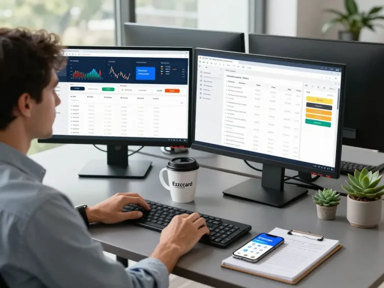 Ezzocard financial professional analyzing virtual prepaid card transactions in a modern workspace.