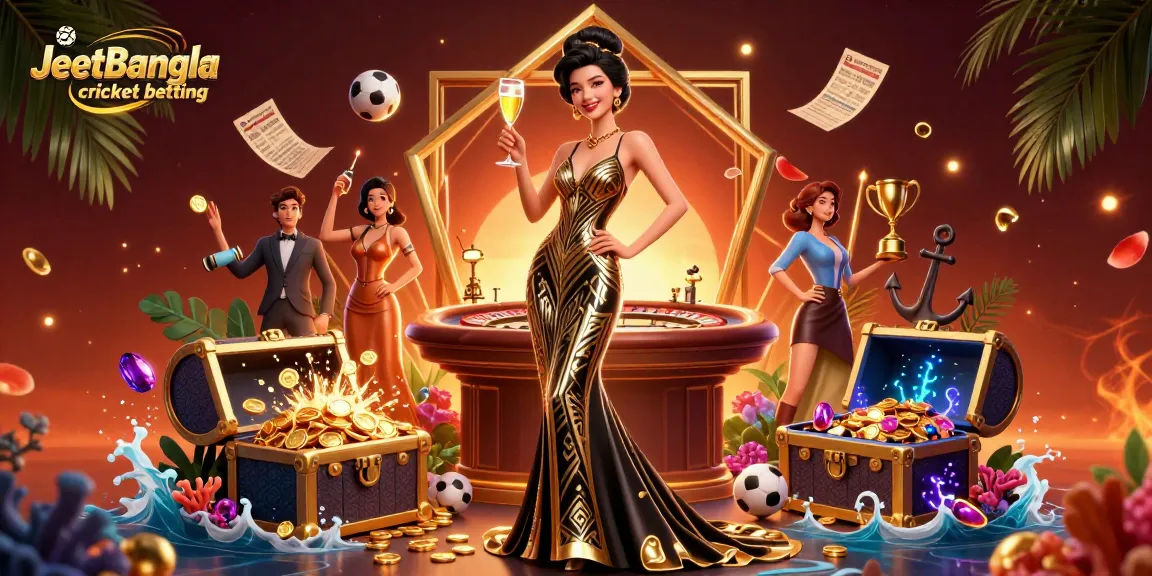 Engage in JeetBangla cricket betting with an elegant woman celebrating amid casino themes.