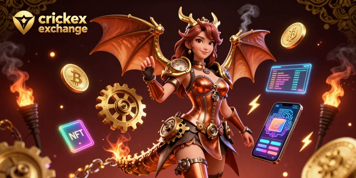 Experience crickex exchange with thrilling 3D illustration showcasing a dynamic woman and a clockwork dragon amidst crypto elements.