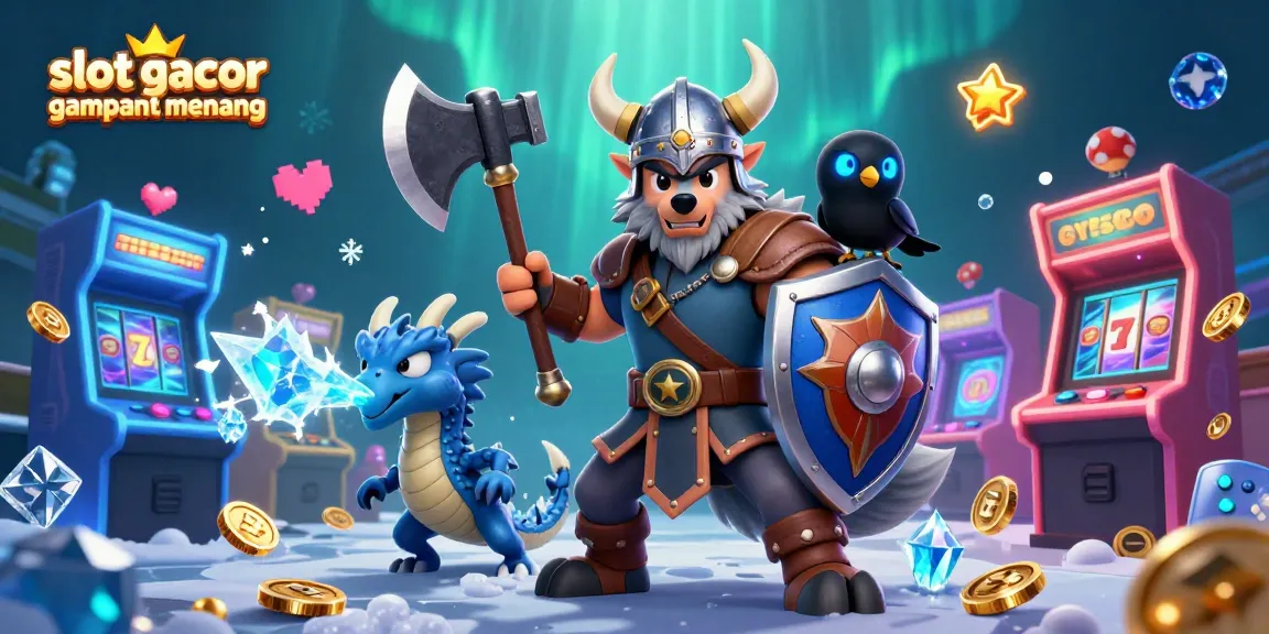 Experience the thrill of slot gacor gampang menang with a vibrant casino scene featuring a Viking wolf warrior, dragon, and gaming elements.
