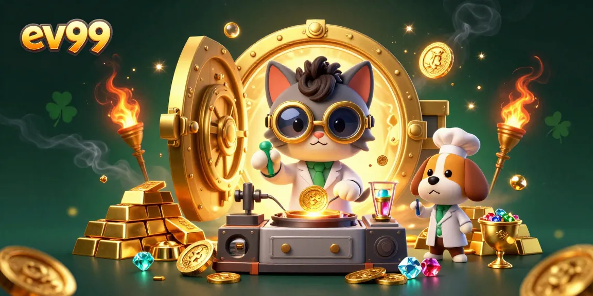 ev99 features a mad scientist cat and assistant dog creating gold coins in a vibrant casino scene.