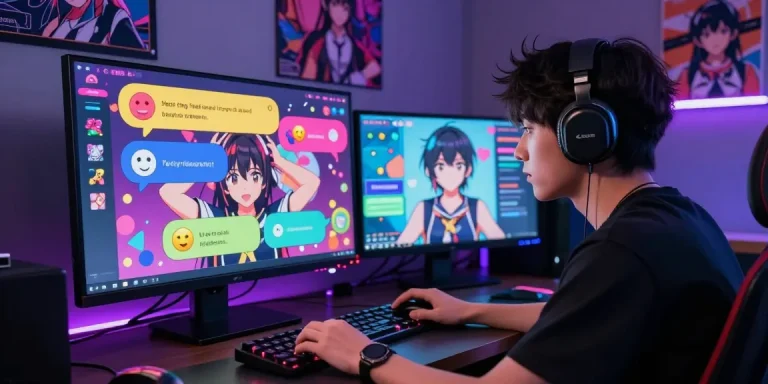 Engaging scene of a user chatting with a hentai chat AI character in a vibrant, interactive gaming setup.
