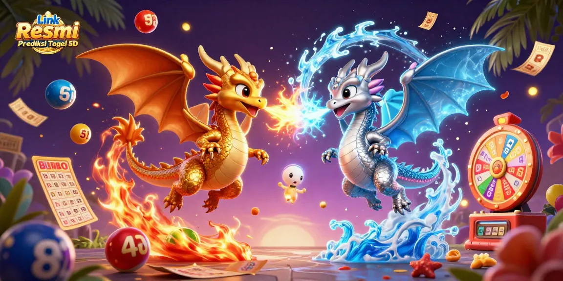 Engage with the exciting Link Resmi Prediksi Togel 5D scene featuring 3D cartoon dragons, lottery elements, and vibrant colors.