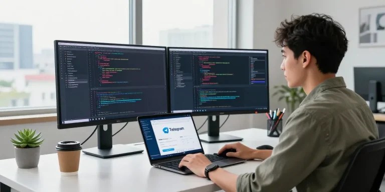 Engaging developer workspace showcasing Telegram Download on dual monitors in a tech environment.